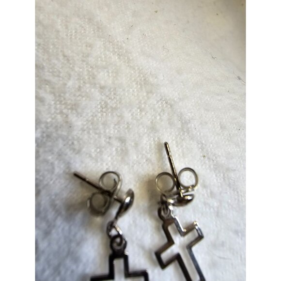 Tiny Short Dangle Outlined Silver Toned Earrings Cross Christian Casual Cute - Picture 2 of 9